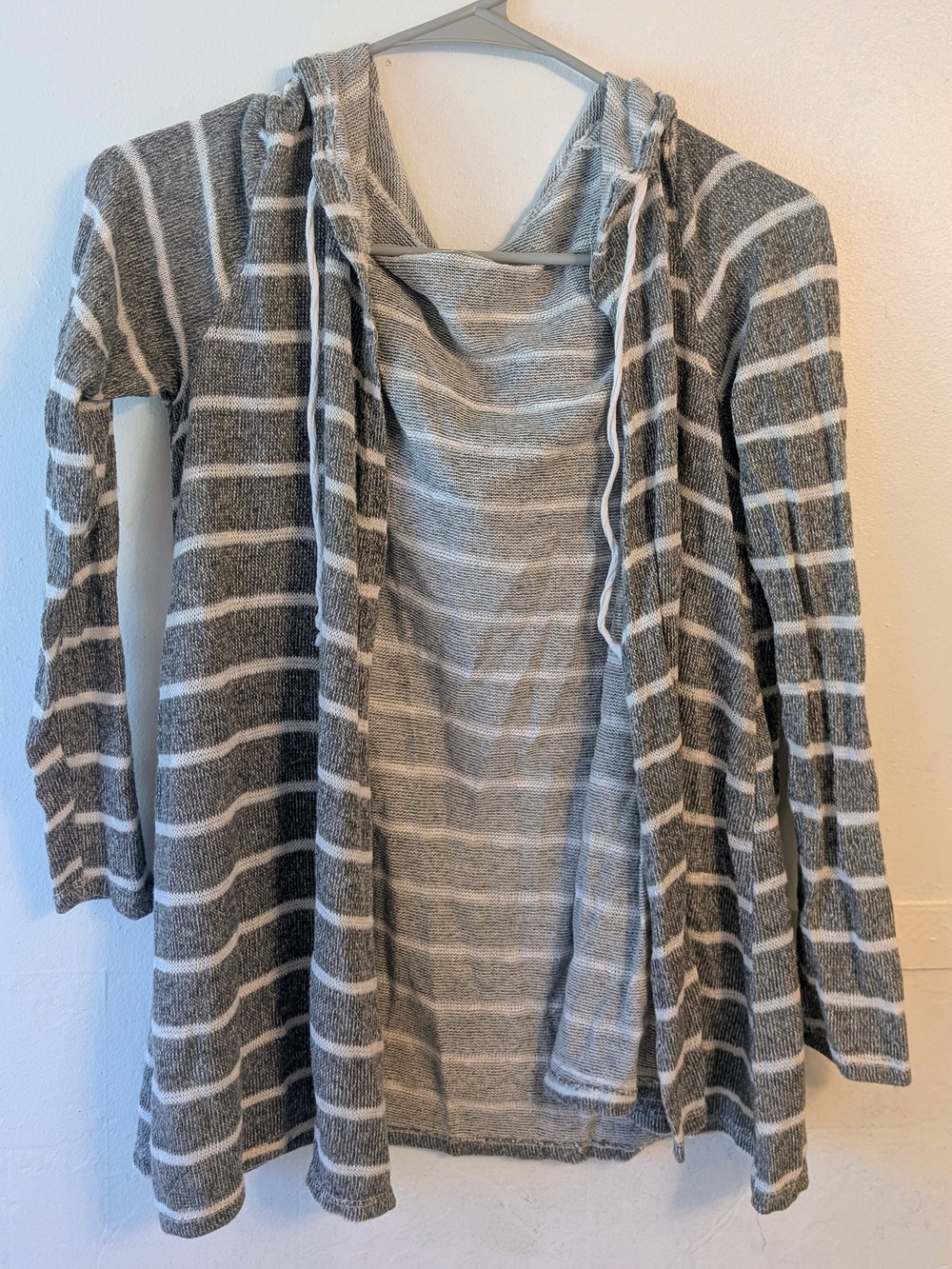 Striped Hooded Open-Front Women's Sweater Cardigan - Gray & White